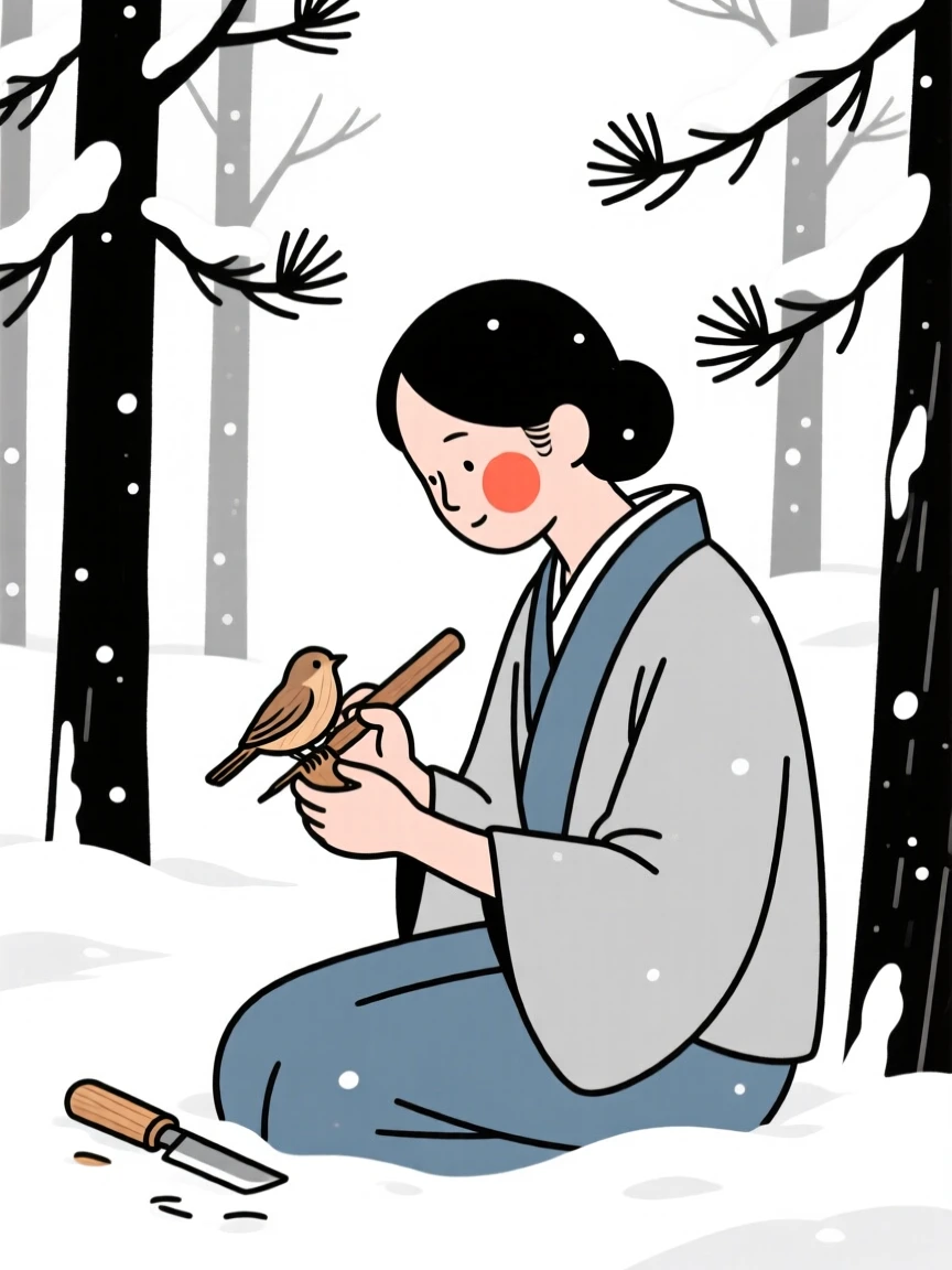 A grown woman of Japanese heritage whittling a small wooden bird, in a snow-covered pine forest.