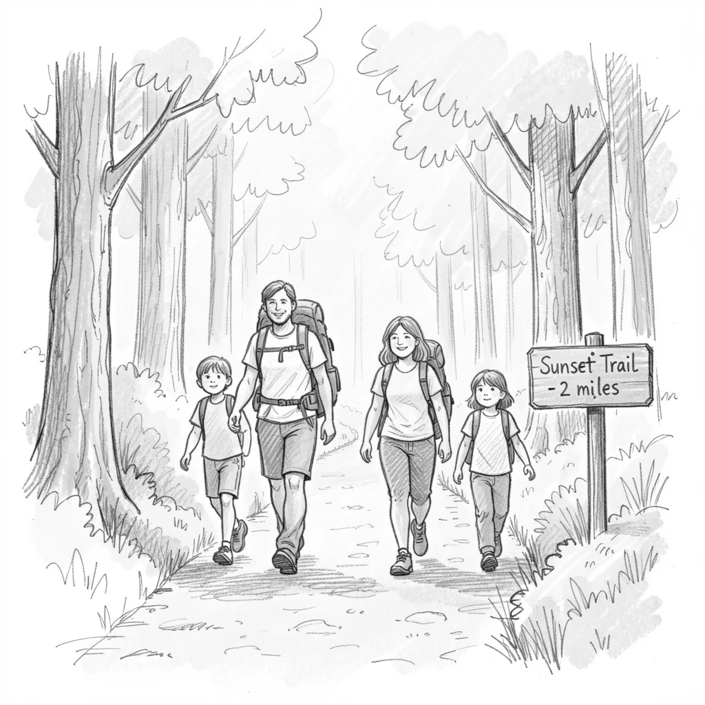 A family hiking together on a forest trail, during a warm summer evening, glowing with quiet joy.