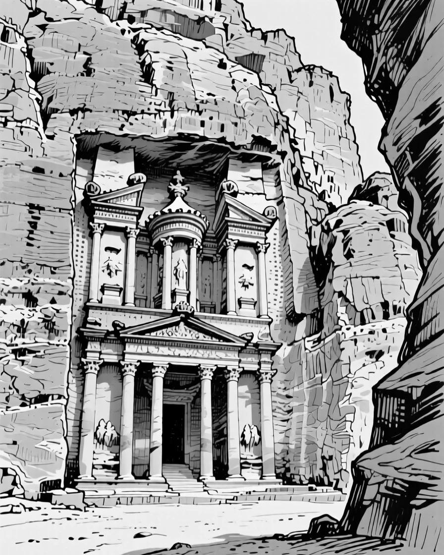 The ancient stone city of Petra carved into rose-colored cliffs.