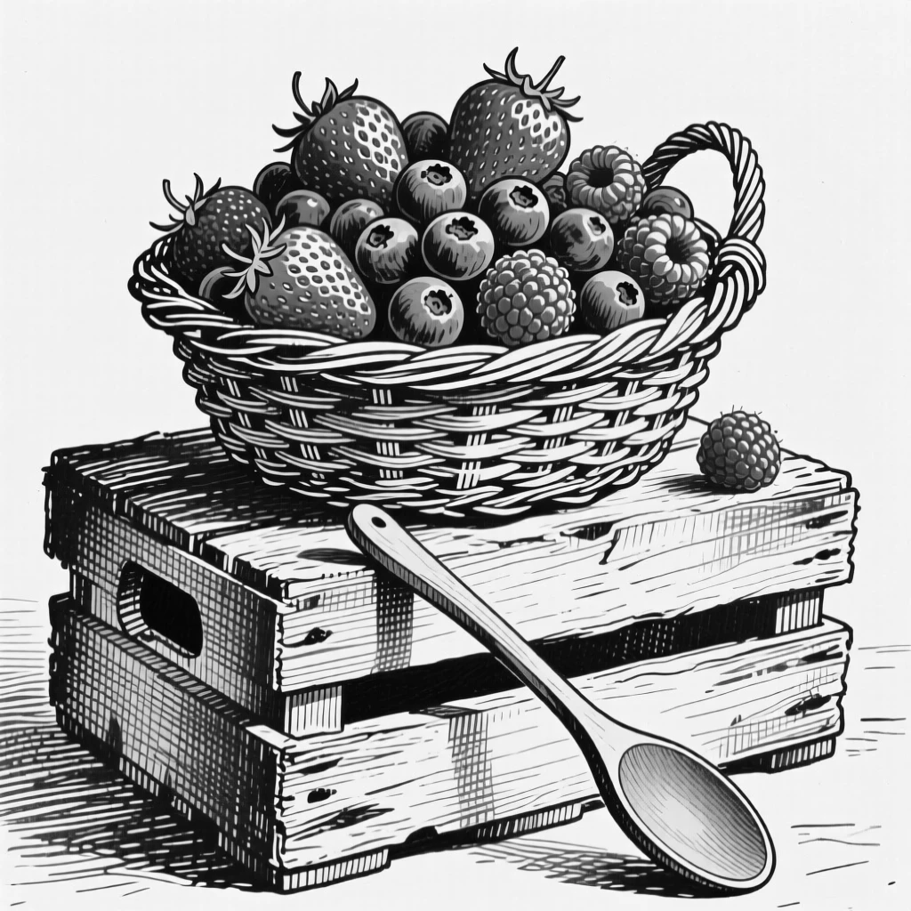 A basket of ripe berries arranged on a rustic wooden crate, with a wooden spoon resting on the edge, presented in an indulgent and delightful culinary still life.