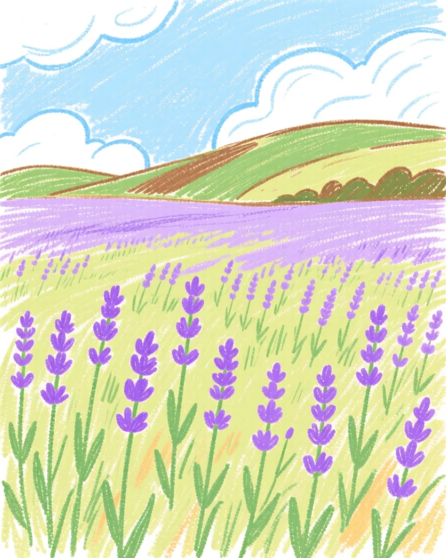 A field of lavender stretching toward a distant hillside.