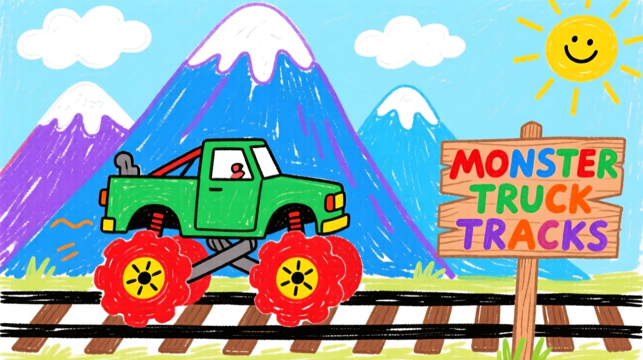 A rugged monster truck chugging along tracks beside a mountain range.