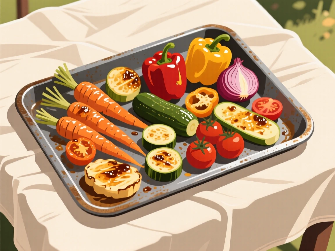 A tray of golden roasted vegetables fresh from the oven, arranged on a linen tablecloth outdoors, arranged in an appetizing overhead flat lay, with glossy highlights that make the dish look freshly made.
