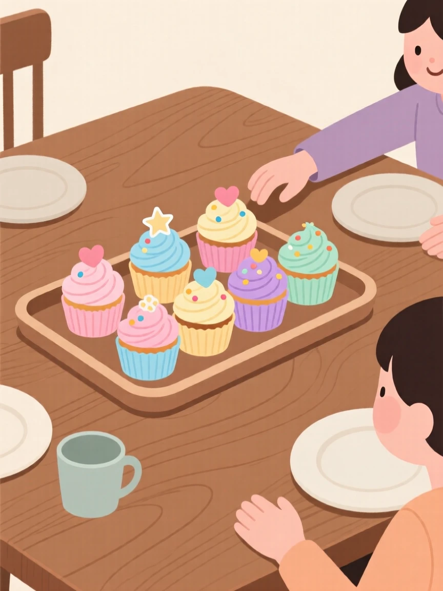 A tray of colorful cupcakes beautifully displayed on a wooden table at a family gathering.