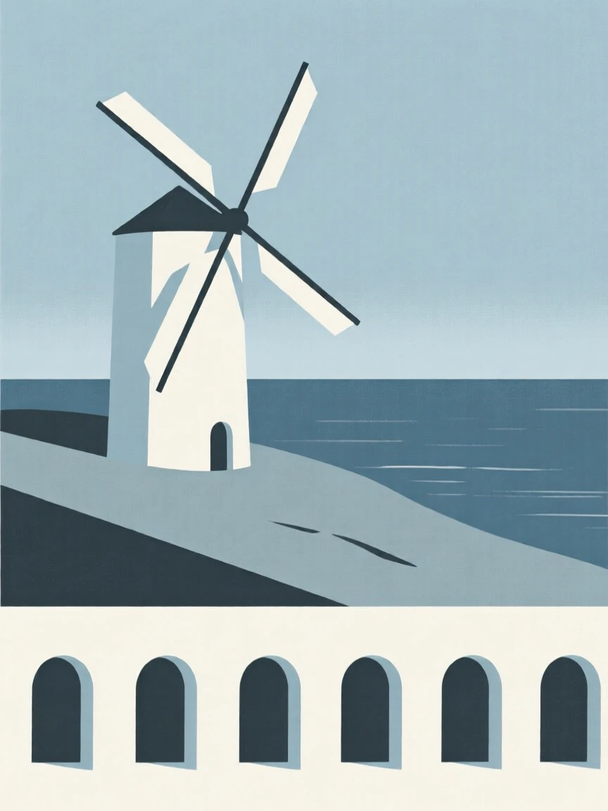 A view looking up at a windmill on a hillside from a hilltop overlooking the sea, with rows of arched windows in frame, evoking architectural harmony.