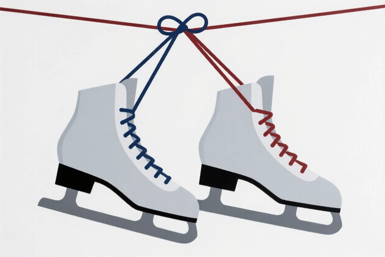 A pair of ice skates hanging by their laces