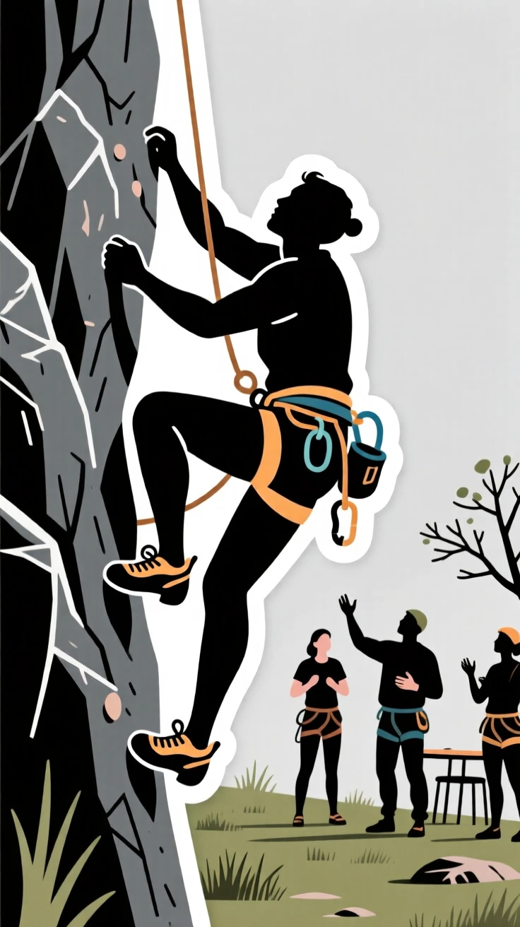 A determined and skilled rock climber scaling a cliff face, fully immersed in the creative process, in a small community class setting.