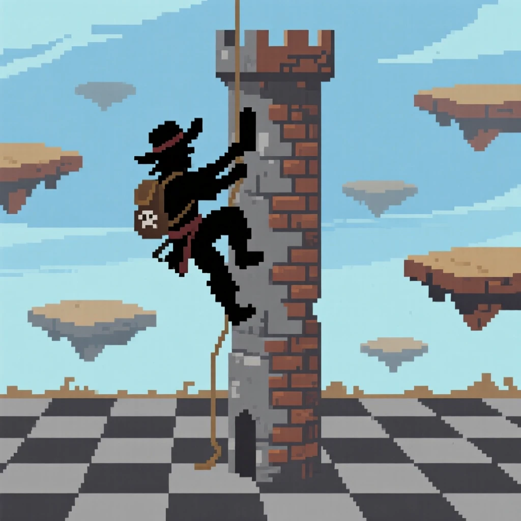 A sky pirate climbing a tower guarded by floating platforms, on a checkerboard battlefield of tiles.