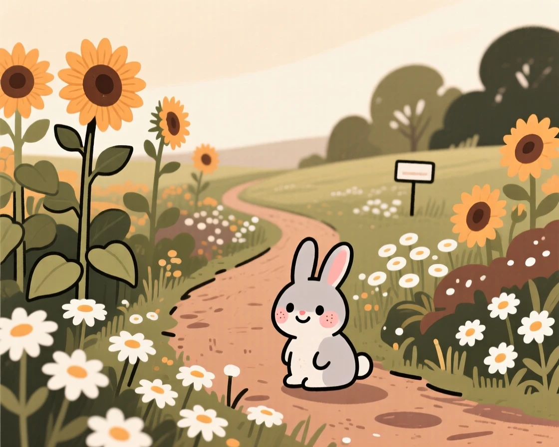 A winding path leads through a cottage garden bursting with sunflowers and daisies, where a small rabbit pauses among the blooms.