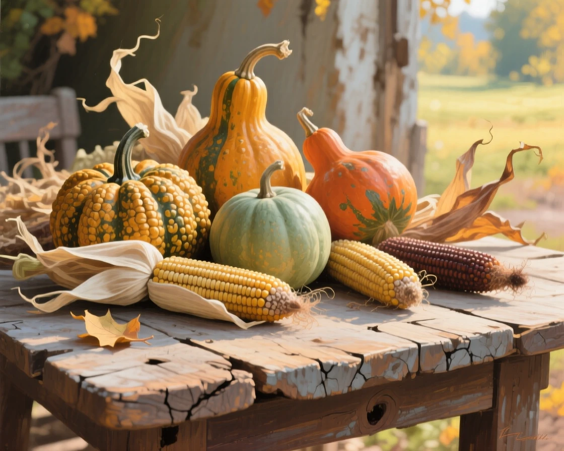 A detailed close shot of a cluster of autumn gourds and dried corn on a rustic table, in the height of summer, in a soft summer breeze.