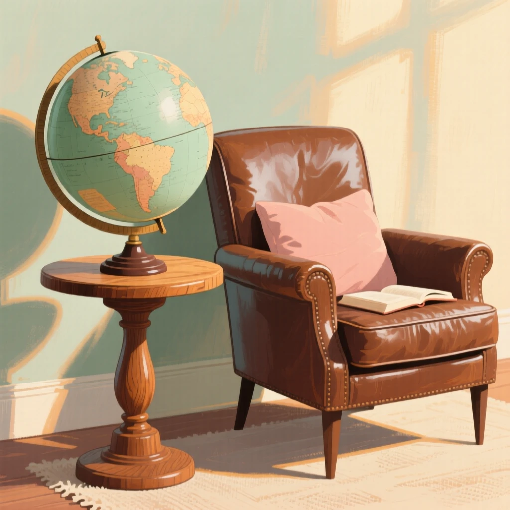 An old wooden globe stand beside a leather reading chair