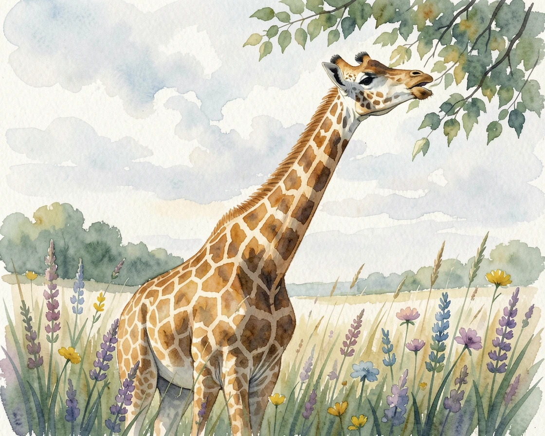 A giraffe reaching for treetop leaves in a field of tall wildflowers mid-yawn and stretching.