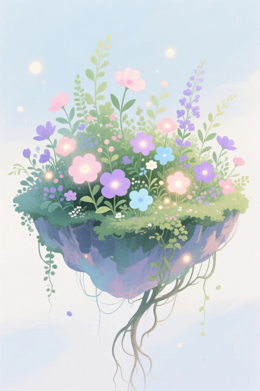 A dreamlike scene of a floating island garden, surrounded by luminous flowers, inviting quiet wonder and imagination