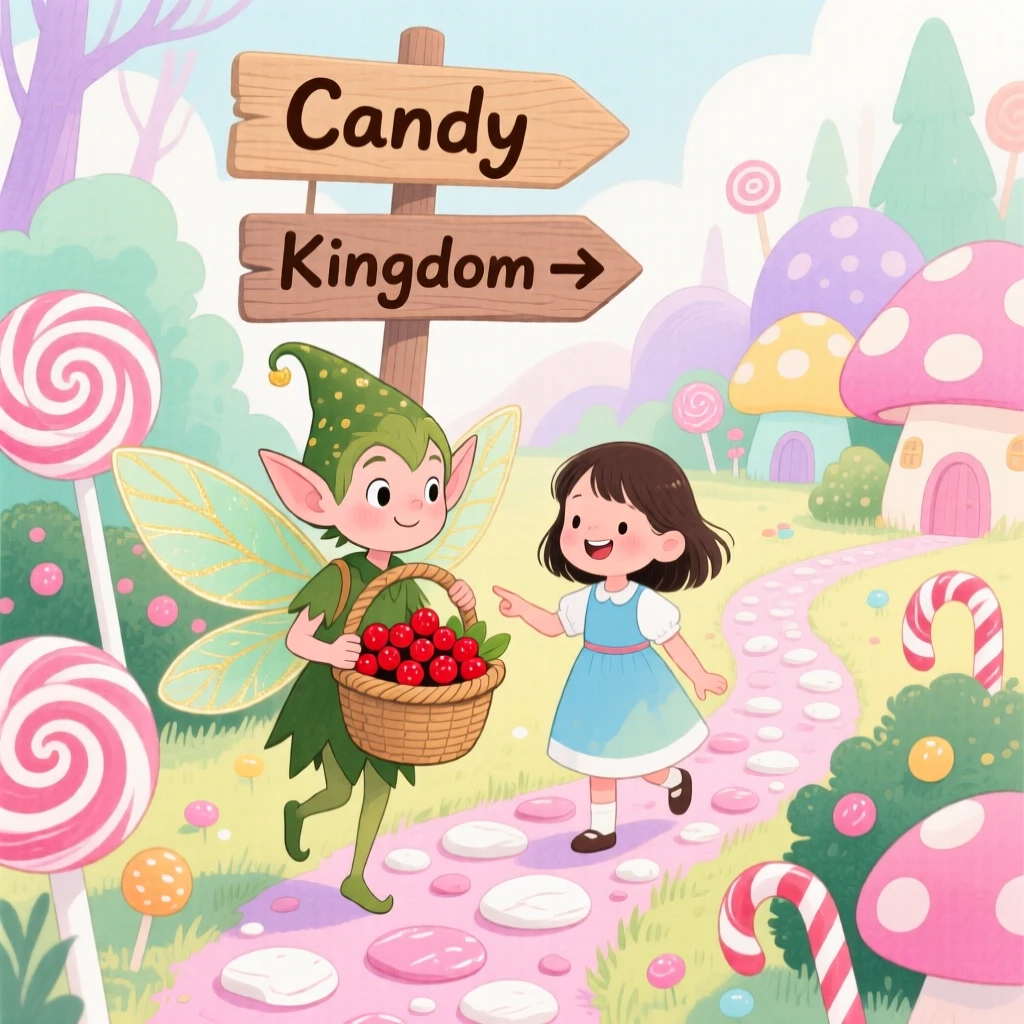 A mischievous forest sprite guiding a girl with a basket of berries through a candy-colored kingdom.
