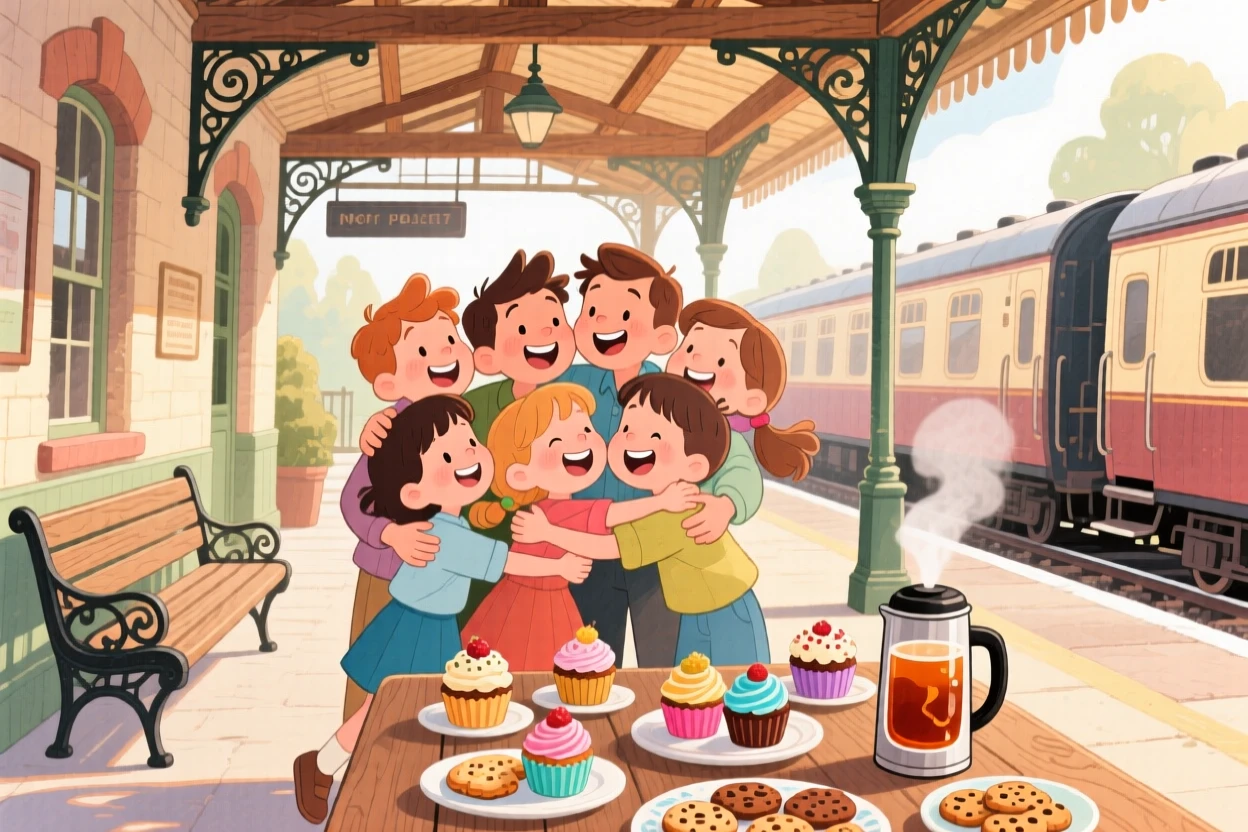 A group of childhood friends reuniting with a big group hug at a train station, in a charming old train station platform, with a table set with homemade treats, the joy of reconnecting with loved ones.