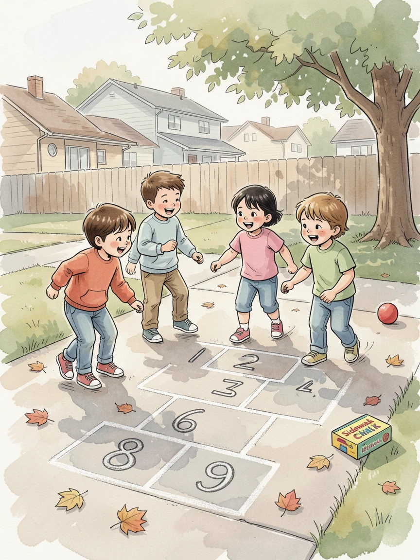 A group of children playing hopscotch on a chalk-drawn sidewalk, the scene full of small, comforting details.