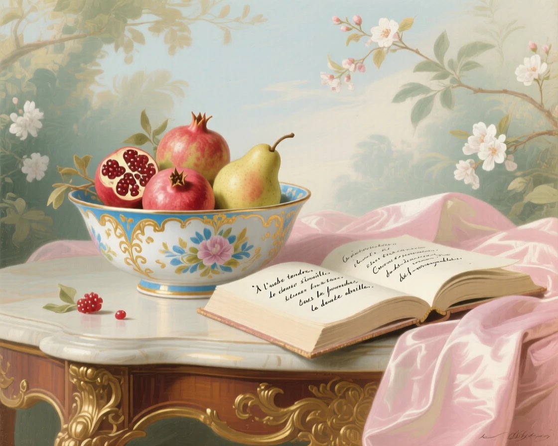 A bowl of pomegranates and pears beside an open book of poetry  