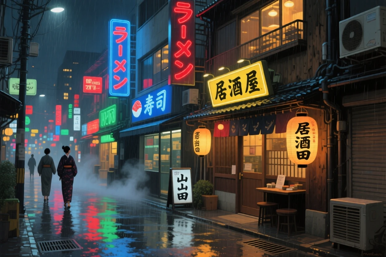 A rain-slicked Tokyo street glowing with vibrant neon signs at night, with warm lantern or window light glowing throughout the scene, celebrating the architectural wonder and cultural richness of the location