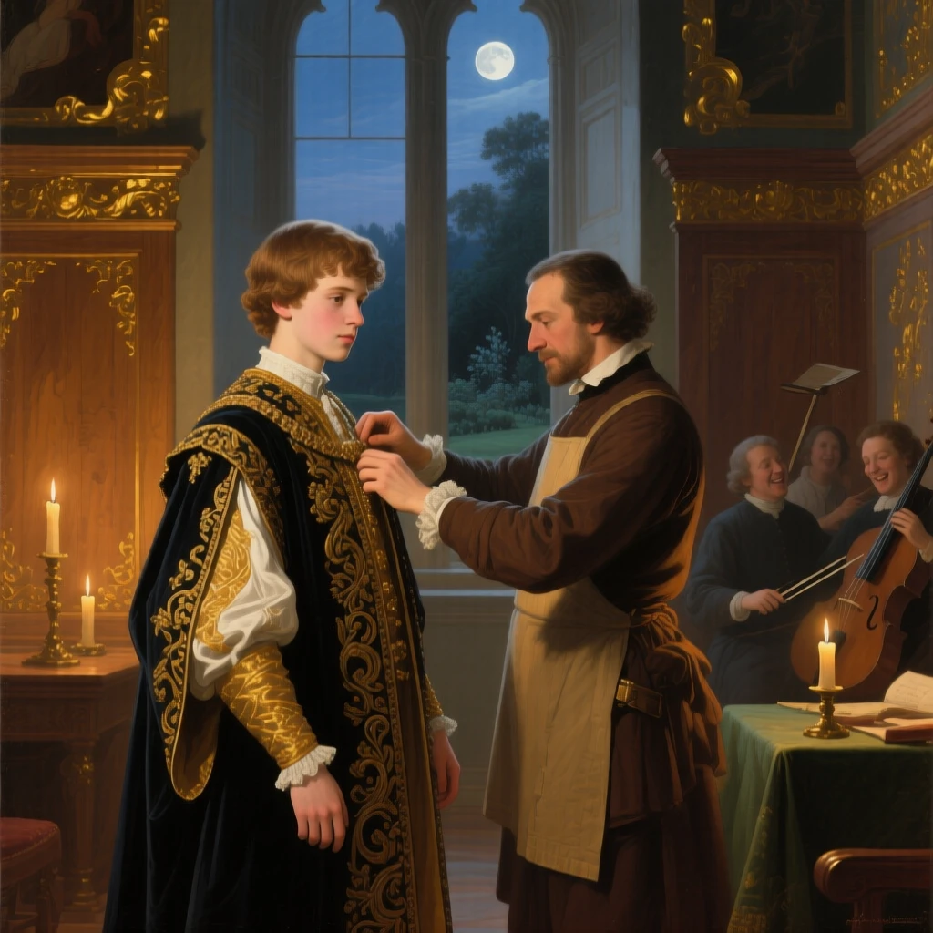 A young duke being fitted for his ceremonial coat by a tailor as laughter and music fill the air, set within a private chapel adorned with gold leaf, with tall windows revealing a moonlit garden beyond; warm candlelight pools around the principal figures against a cooler backdrop, filled with quiet ceremony and inherited dignity.