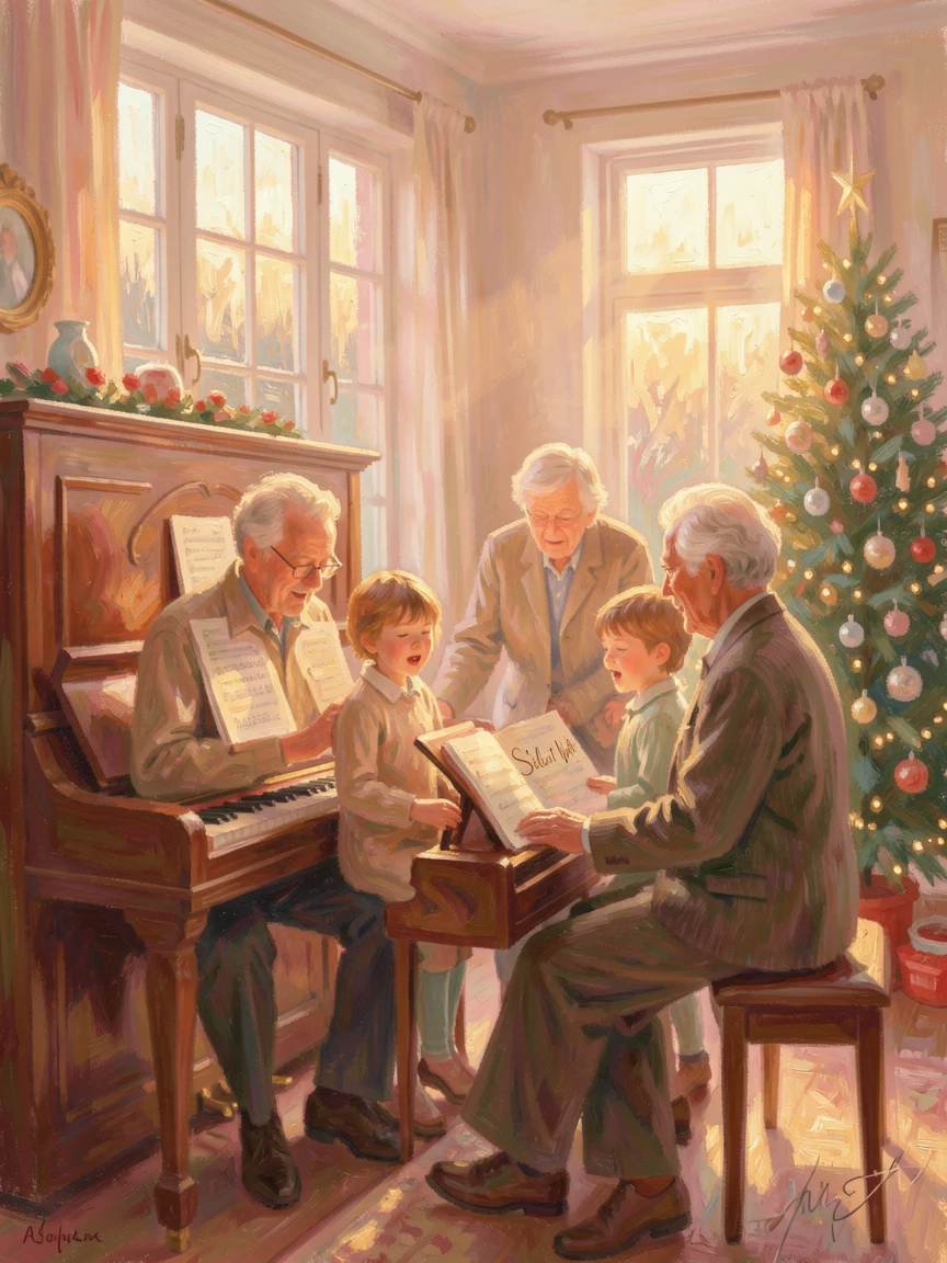 Grandparents and grandchildren gathered around a piano singing together on a cozy Christmas evening, at golden sunrise, capturing a moment of quiet intimacy.
