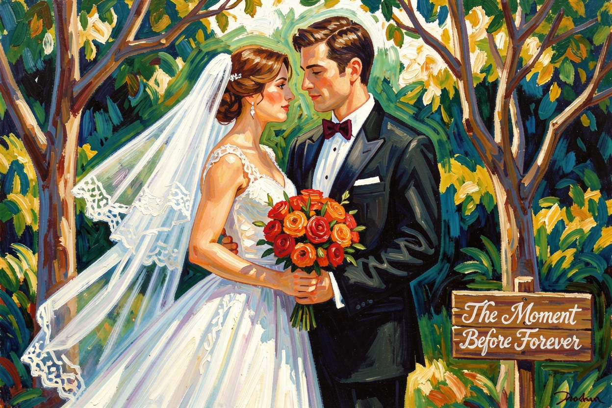 A bride and groom sharing a quiet moment alone before their ceremony begins.