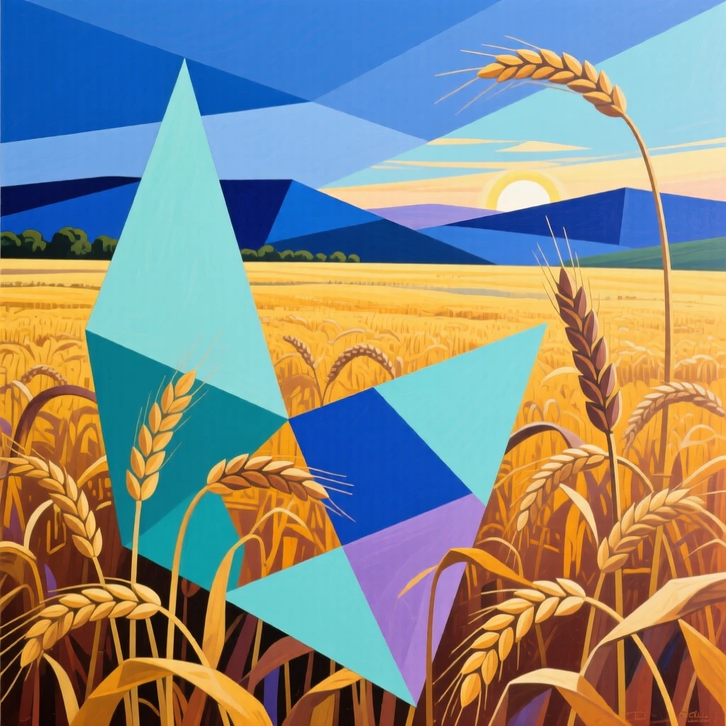 A medium shot of a golden wheat field in the blue light just before sunrise, in early spring.