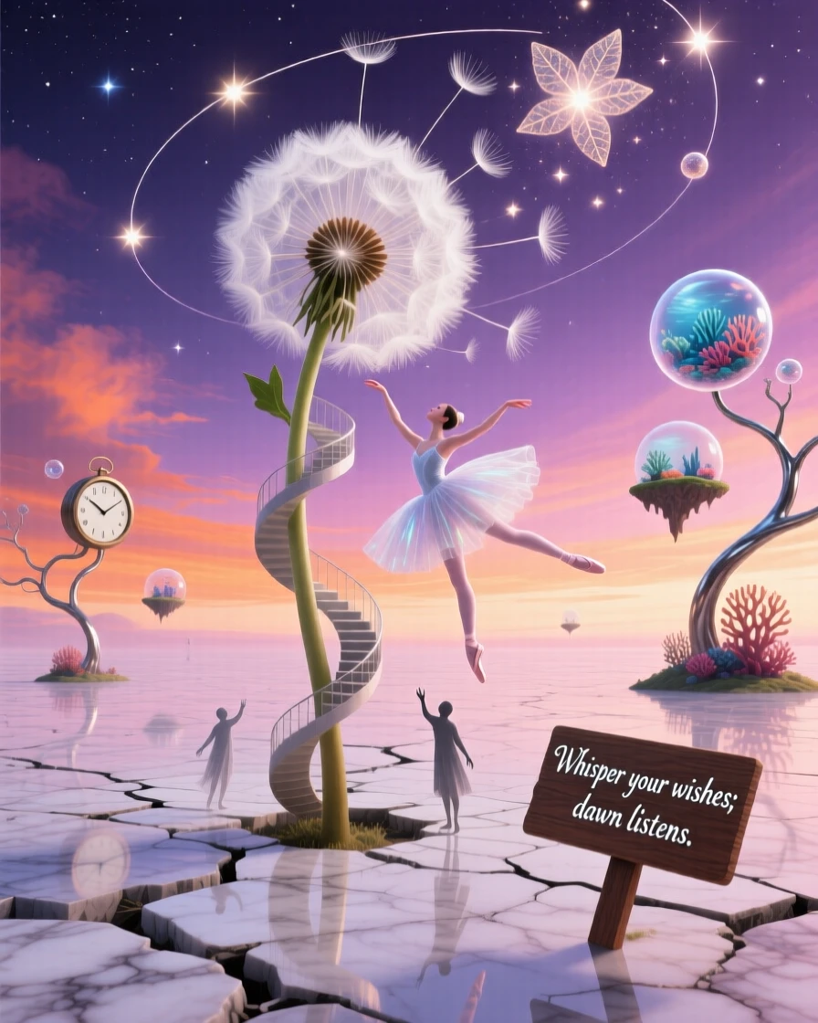 A single dandelion whose seeds drift upward into stars blooms slowly under the soft light of early dawn, as petals fall slowly, spinning like tiny dancers.