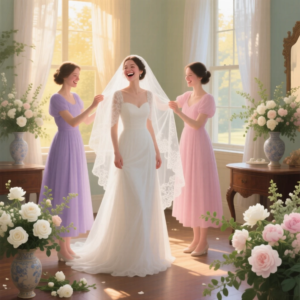 A bride laughs joyfully as her bridesmaids adjust her veil in a sunlit room filled with flowers and soft morning light, soft ambient light gently shaping the contours of their face and surroundings.