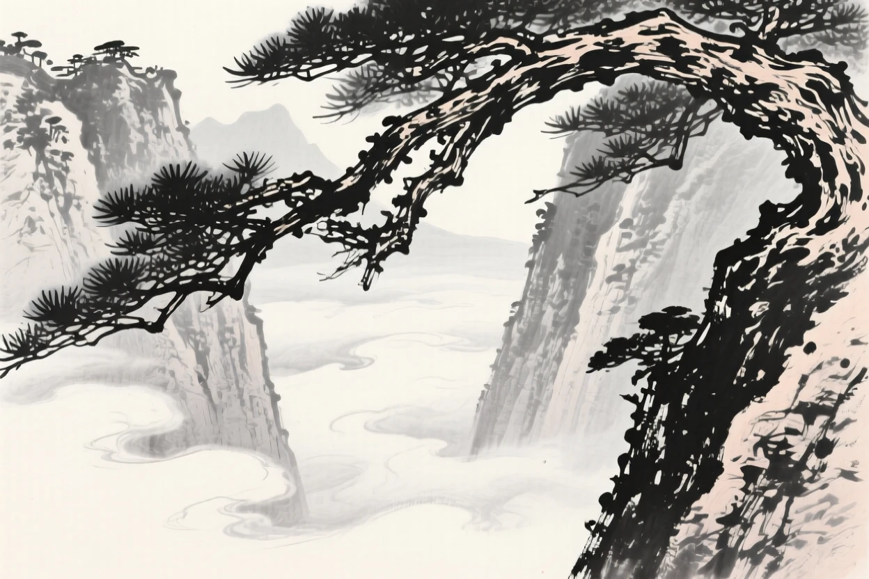Gnarled pine branches stretch out over a steep mountain gorge, as clouds drift slowly through the valley below.
