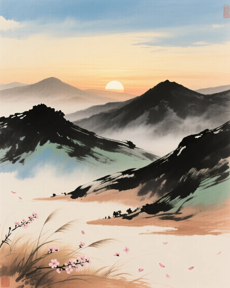The last light of day fading behind a row of distant hills, as the sun sets behind distant peaks, in a warm breeze carrying the scent of blossoms, imbued with timeless calm.
