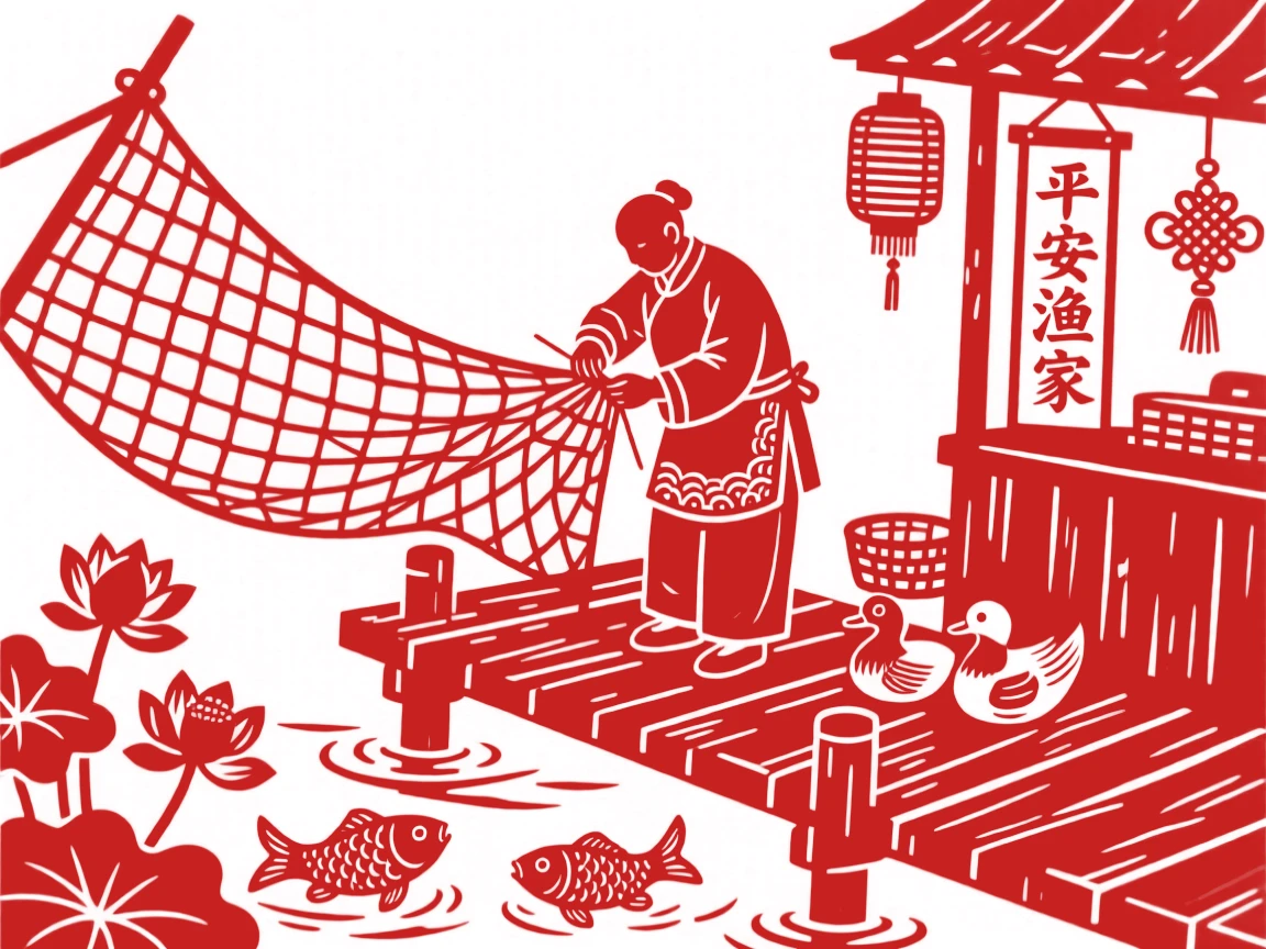 A street vendor, mending a fishing net on a wooden dock, in a scene of quiet contentment and simple joy.