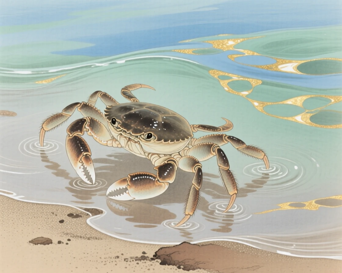 A crab scuttling across wet sand in clear water dappled with sunlight