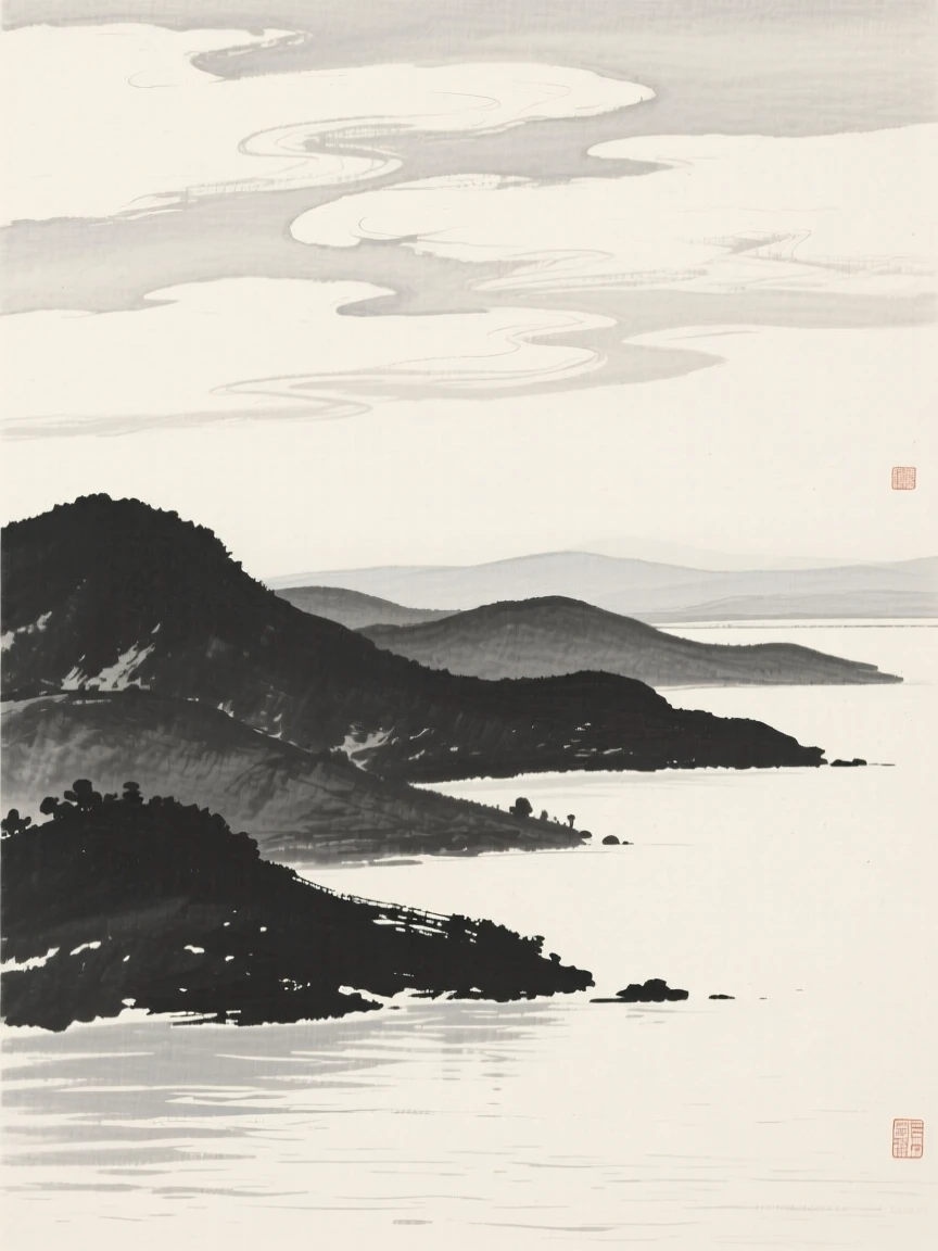 A chain of rolling hills fading into the horizon beneath a canopy of drifting cloud banks, seen from across the water, the far shore reduced to soft silhouette, carrying a feeling of timeless peace and stillness.