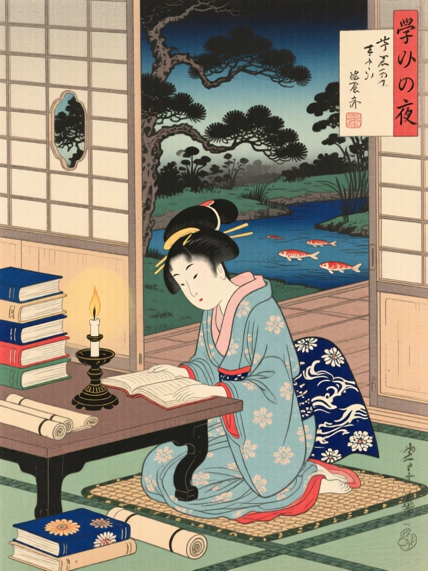 A young girl studying by candlelight surrounded by books.