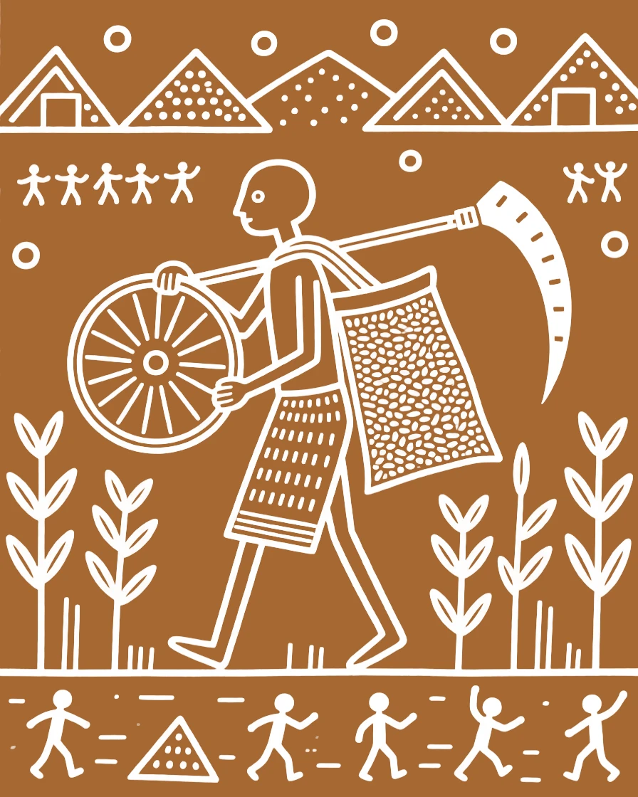 A grain merchant carrying tools home after a long day.