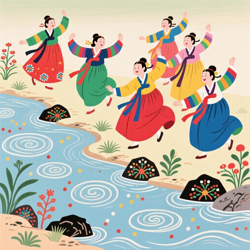 Dancers performing in colorful traditional dress, beside a quiet river.