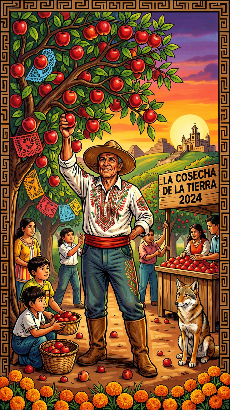 A farmer picking apples from a heavily laden orchard