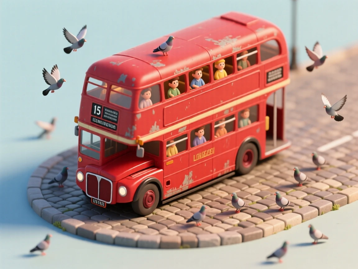 A vintage red London double-decker bus rounding a cobblestone corner, passengers visible through the upper windows, and pigeons scattering below.