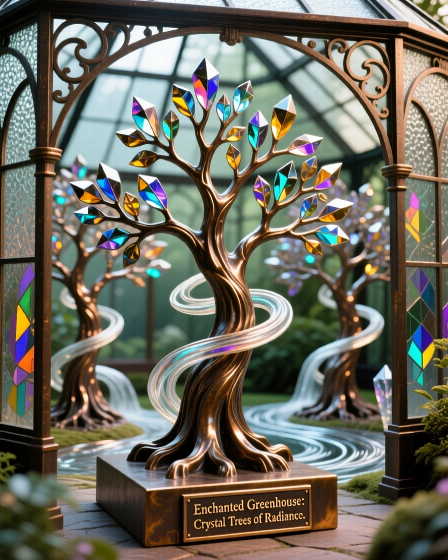 An enchanted greenhouse growing crystal trees, with swirling energy and radiant color, transporting the viewer to another world