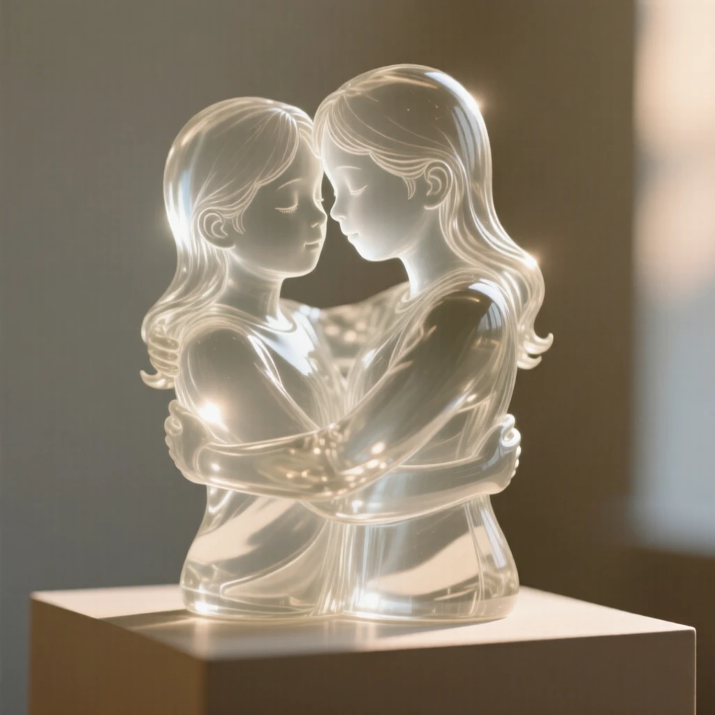 Twin siblings embracing warmly, softly lit by warm natural light, shallow depth of field isolating the subject, expression full of genuine emotion.