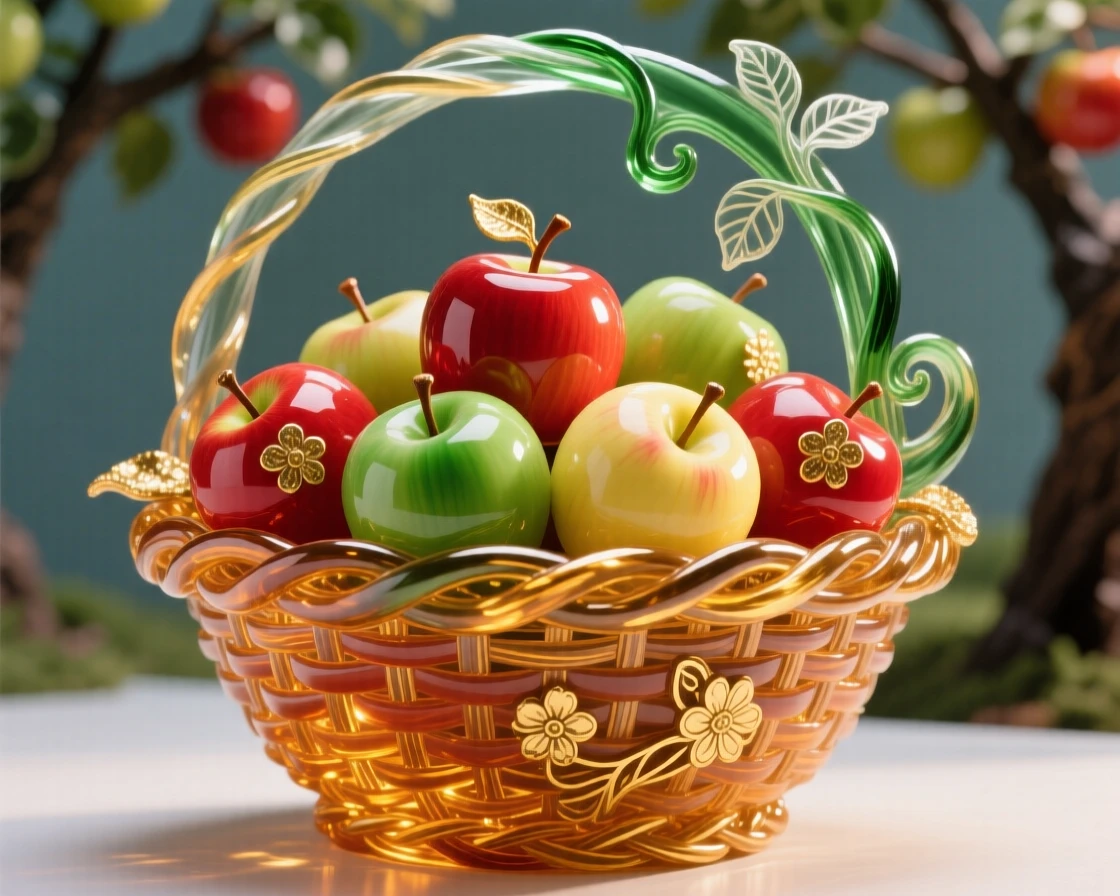 A rustic apple orchard basket brimming with freshly picked fruit, wholesome and abundant.