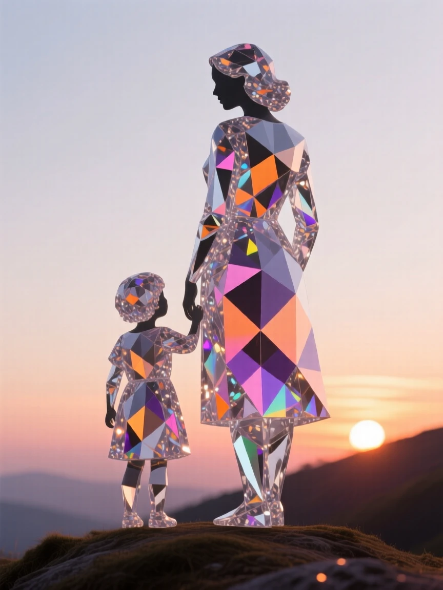 A mother and child silhouetted together watching a sunset from a hilltop.