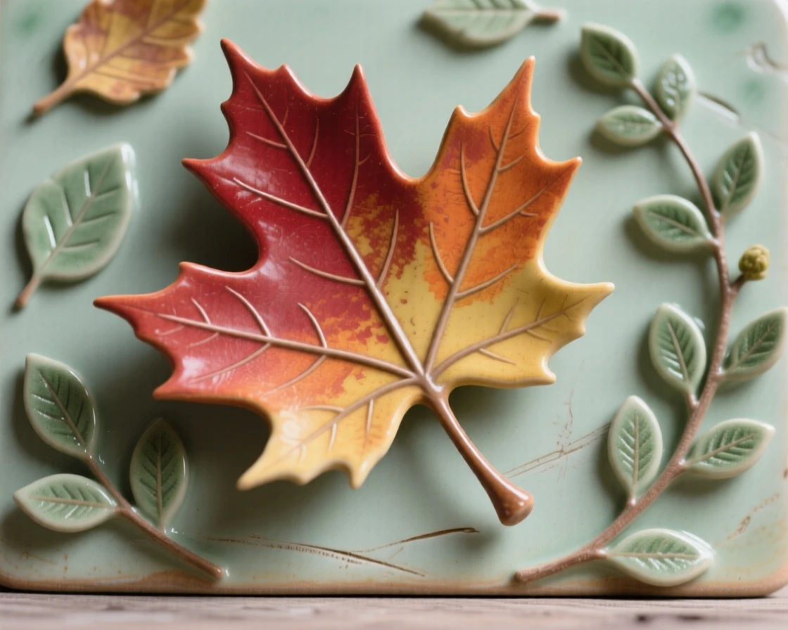 A maple leaf caught mid-fall framed by soft surrounding greenery, framed by a scattering of small leaves, conveying the quiet poetry of the natural world.