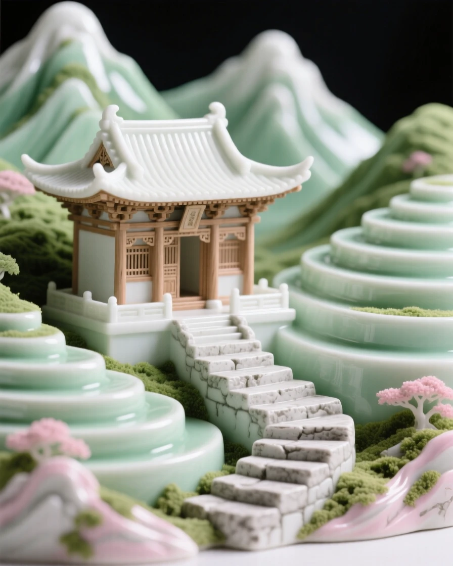 A serene mountain temple nestled in terraced green hillsides, framed by ancient weathered stone steps.