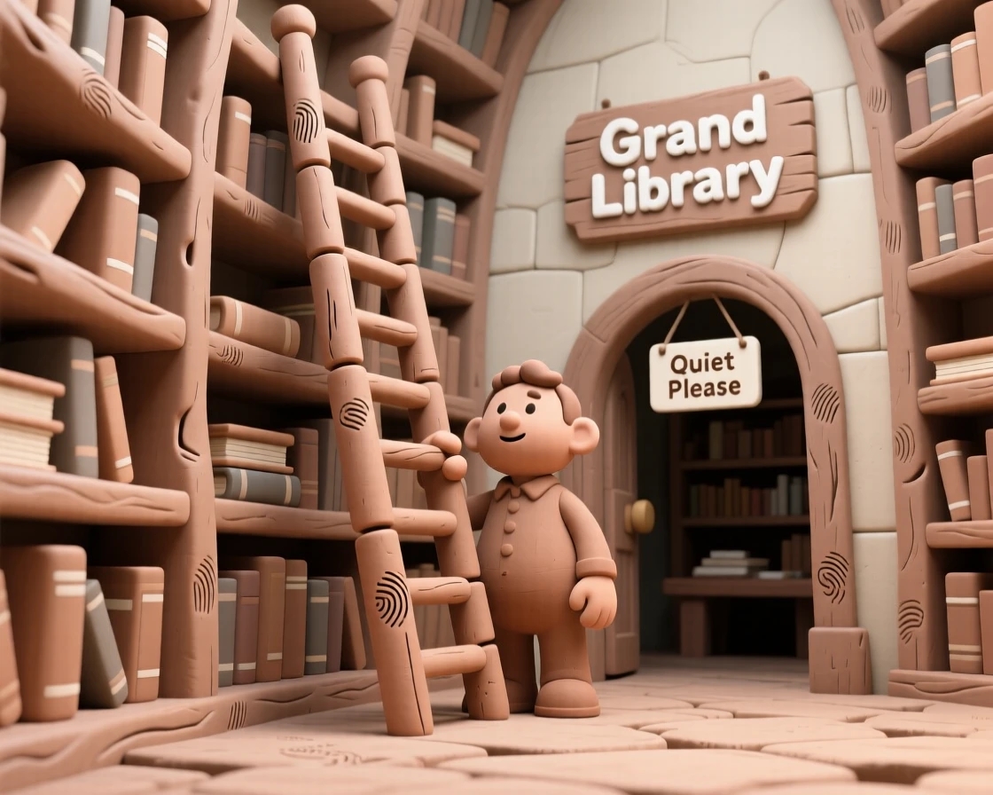 A grand library with towering shelves and a spiral ladder