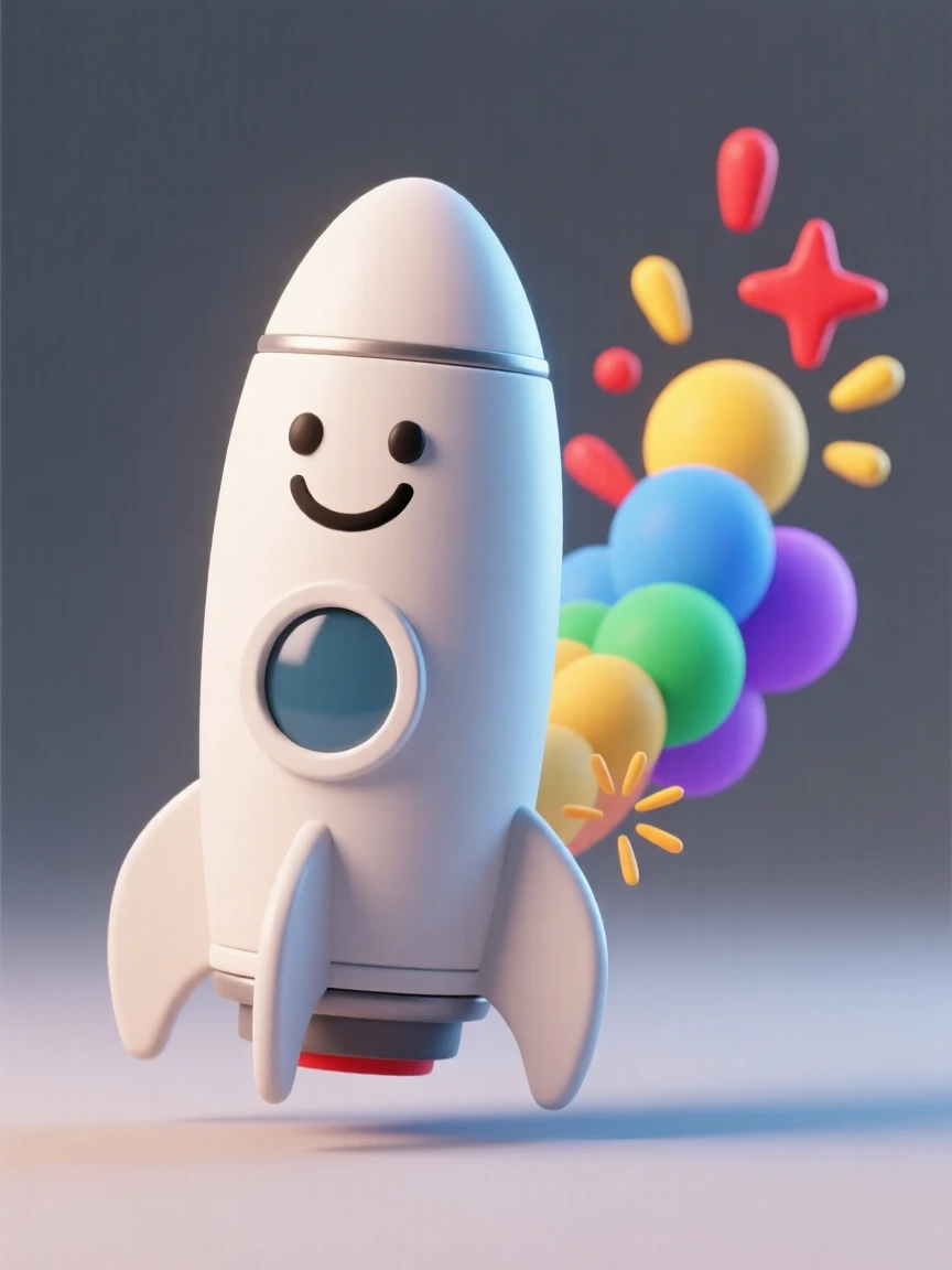 A friendly rocket ship with a smiling nose cone blasts off cheerfully, leaving a trail of colorful sparkles.