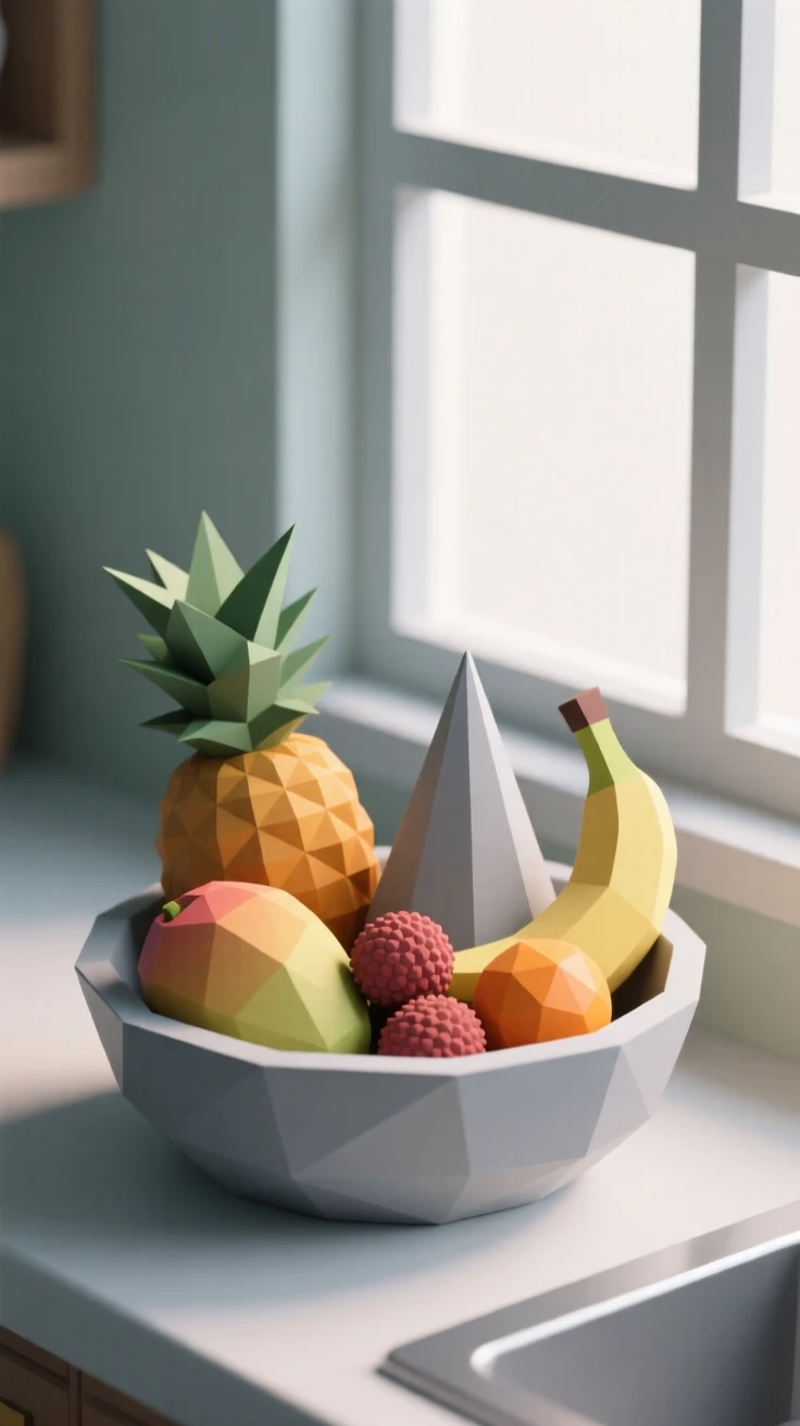 A vibrant bowl of fresh tropical fruit, beside a sunlit kitchen window. soft natural light highlights rich textures and colors. The mood is fresh and appetizing.