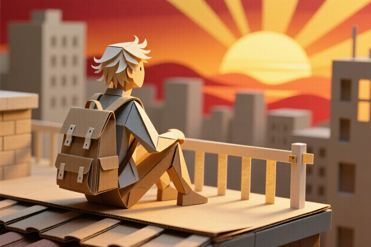 A solo backpacker watching a sunset from a rooftop, with warm golden light wrapping around them, evoking love across generations.