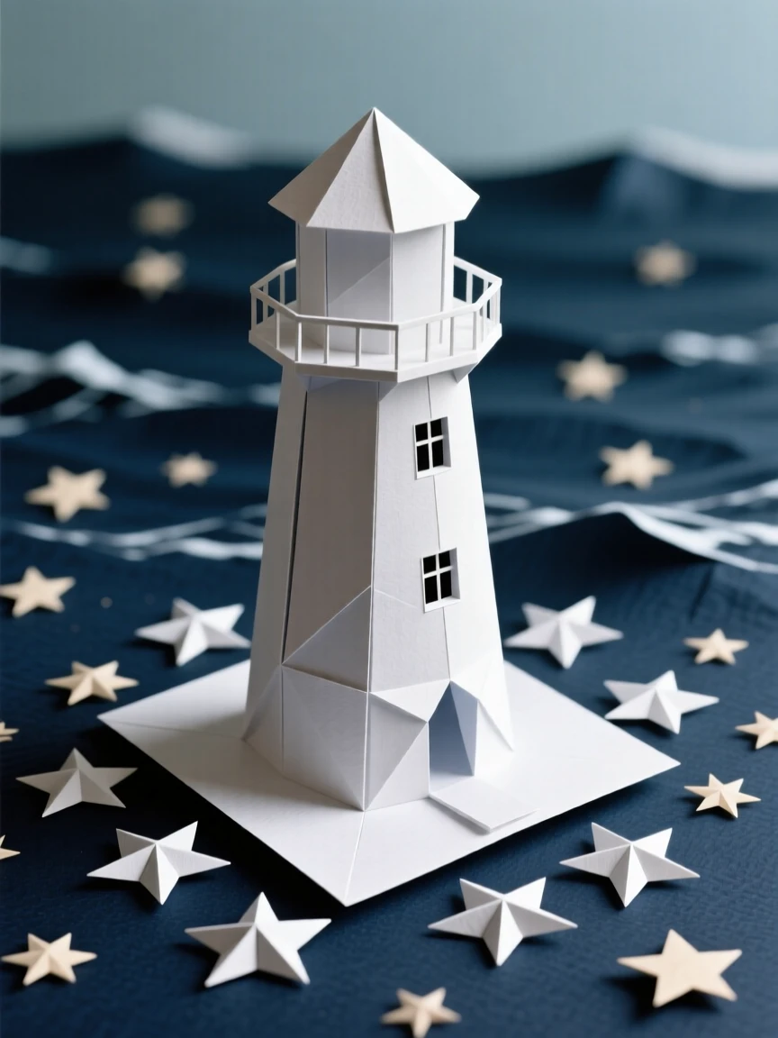 A lighthouse standing at the edge of a sea of stars instead of water.