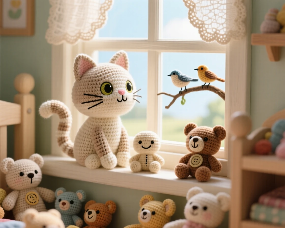 A tender everyday moment: a content cat watching birds from a windowsill with tail flicking gently, sitting attentively in the morning light inside a tidy playroom scattered with soft toys; a favorite well-loved stuffed toy completes the scene, full of soft nostalgic coziness.